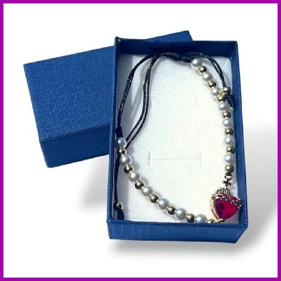 Adjustable Macrame Bracelet with Pearls Gold Beads Charm - Picture 5 of 7